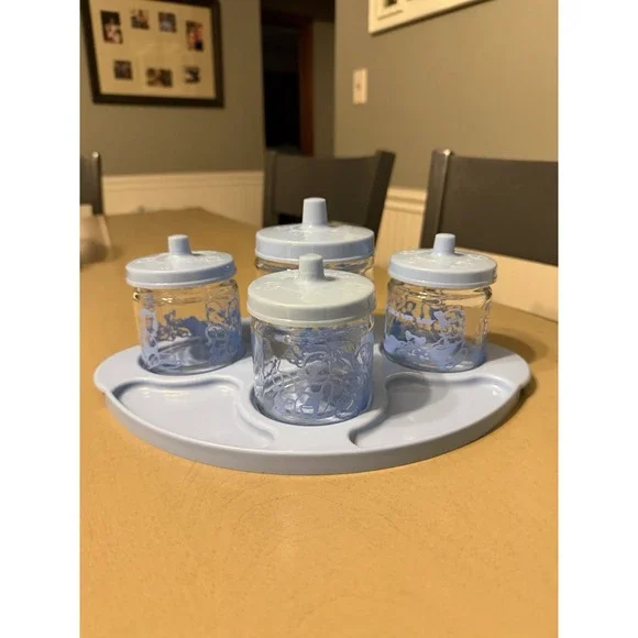 Baby Nursery Vanity Changing Table Glass Jar Set Tray Lids Pink 1950s Vintage - Picture 1 of 14